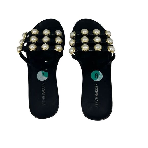 Steve Madden Size 8 Black Jelly Slide Sandals with White Pearl Accents - Picture 3 of 7